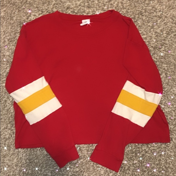 ✨red cropped longsleeve with yellow/white stripes✨ - Picture 1 of 3